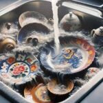 Dishes in sink with water from faucet