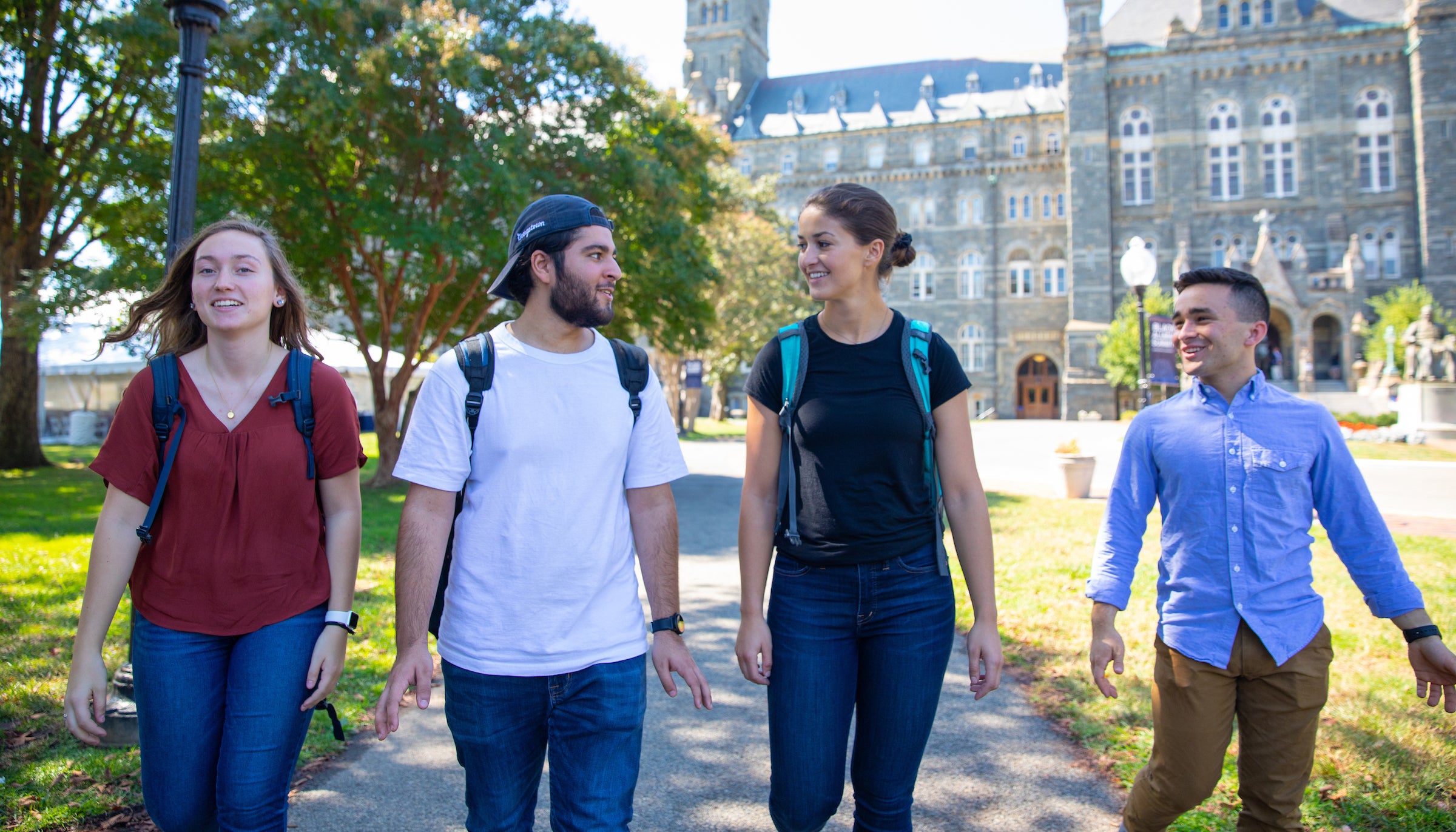 students walking across campus